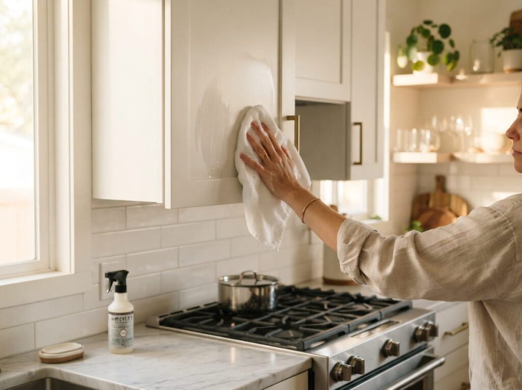 hand wiping a kitchen cabinet