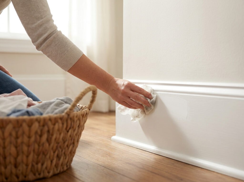 Using a Dryer Sheet on Baseboards to Cut Dust and Repel It Longer