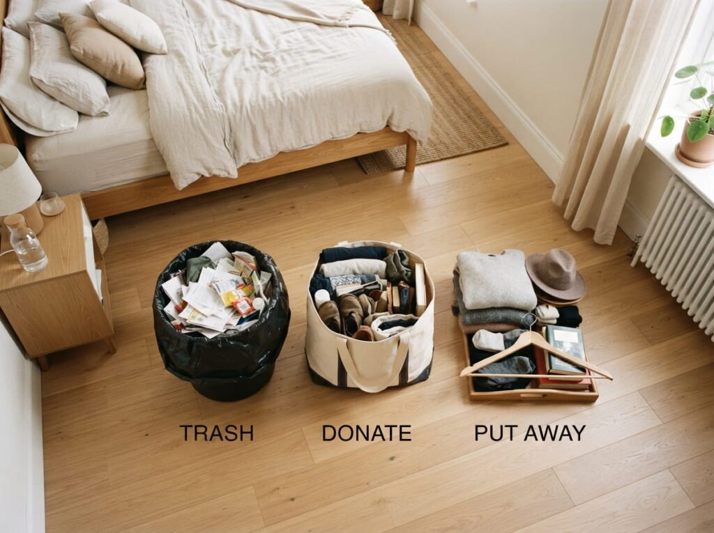 Separate Trash, Donate, and Put Away Into Three Piles