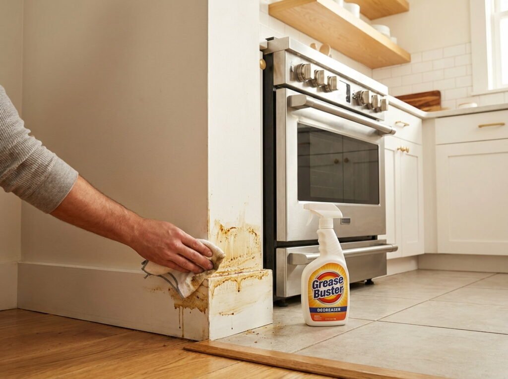 Cleaning Baseboards in a Kitchen Where Grease Splatter Is the Real Problem