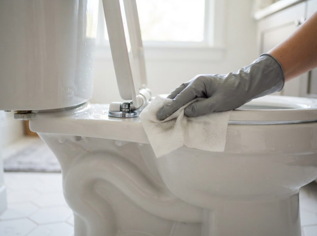 Deep Clean the Toilet Base and Hinges, Not Just the Bowl