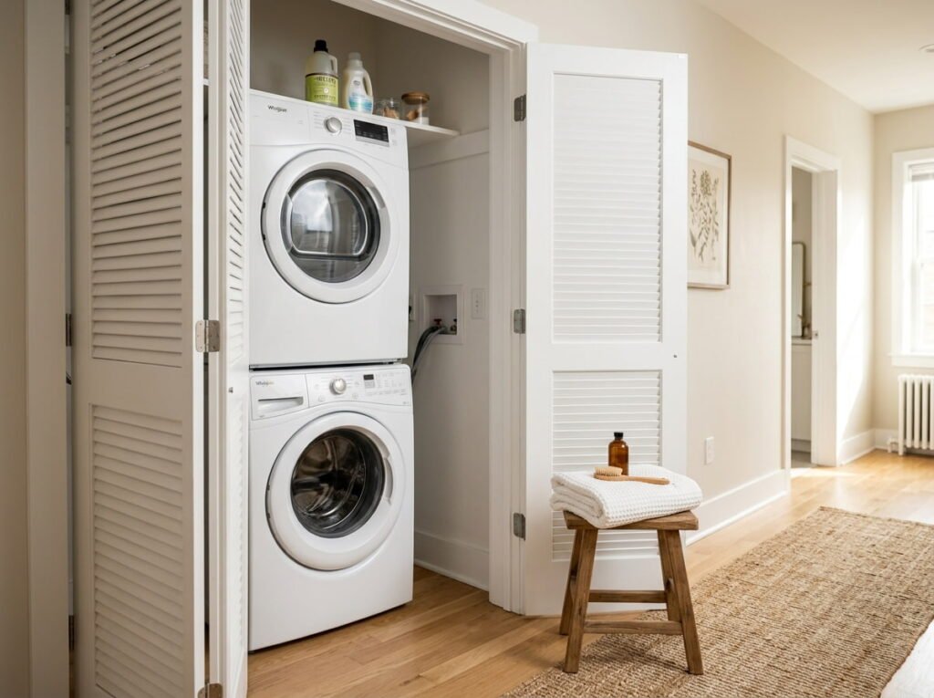 Bifold doors hiding a stacked washer and dryer