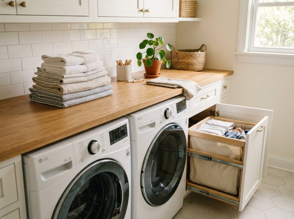 Countertop over the machines with a hidden hamper