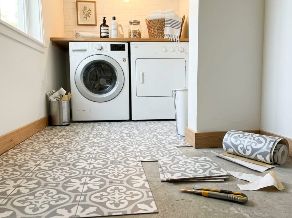 Peel and stick floor tile in a laundry nook