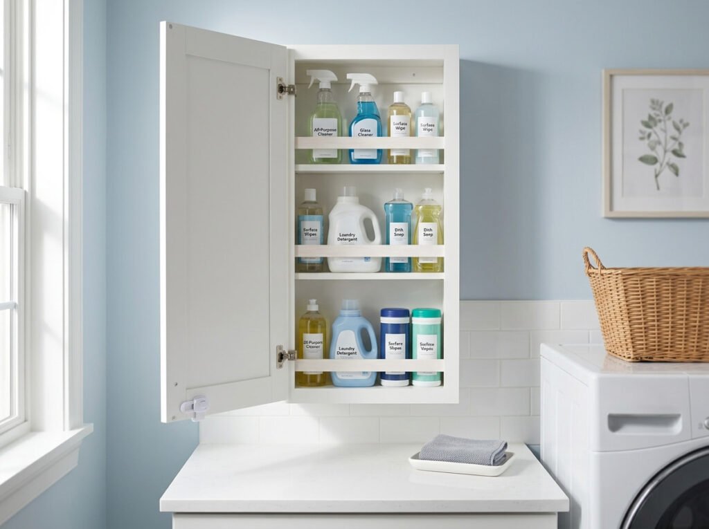 Slim wall cabinet for cleaning supplies