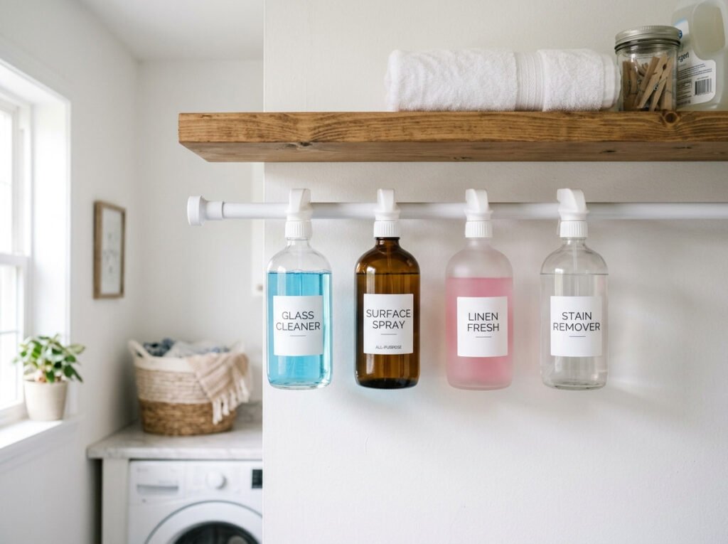 Spray bottles hanging from a tension rod under a shelf