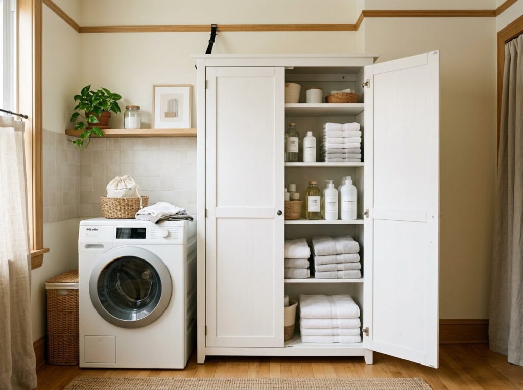 Tall narrow cabinet beside the machines